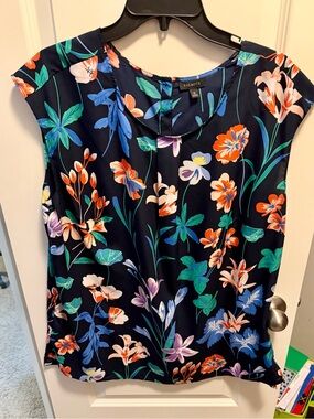 Talbots Navy Floral Cap-Sleeve Top with Multicolor Blooms
